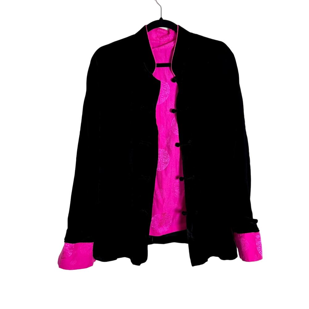 Unbranded Women Velvet Kimono Jacket Sz M High Collar Toggle Lined Black Pink